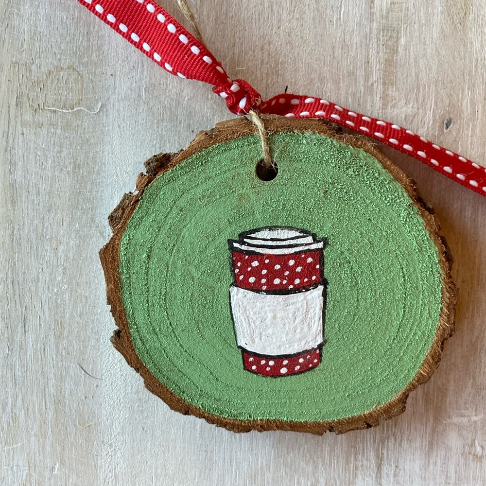 Handmade woodslice coffee lovers ornament, decoration gift tag